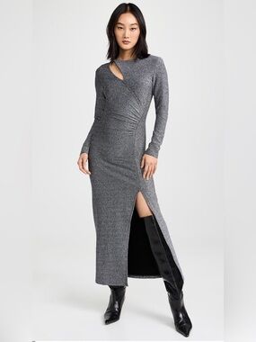 Baum und pferdgarten Shimmering Gray Long-Sleeve Maxi Dress with Side Slit M